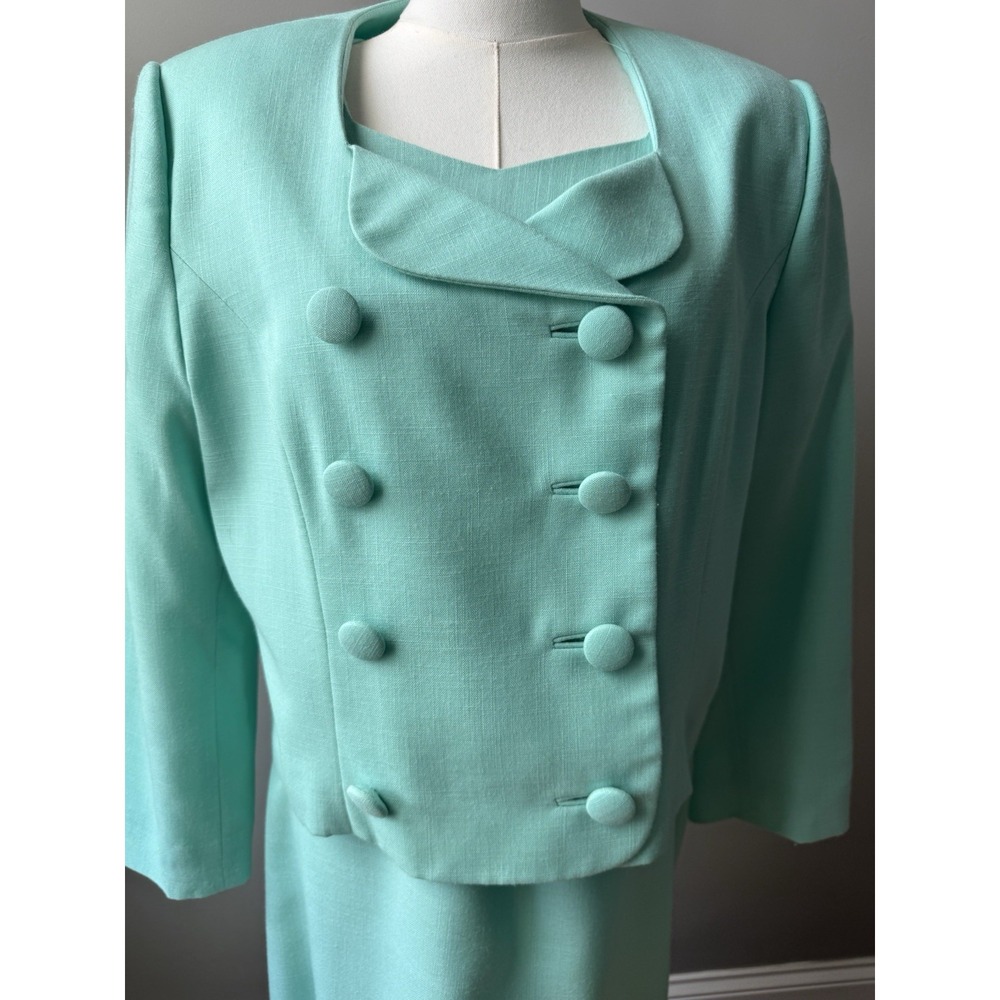 Vintage Paquin Aqua Dress Suit Set Sheath Dress Jacket Size 12